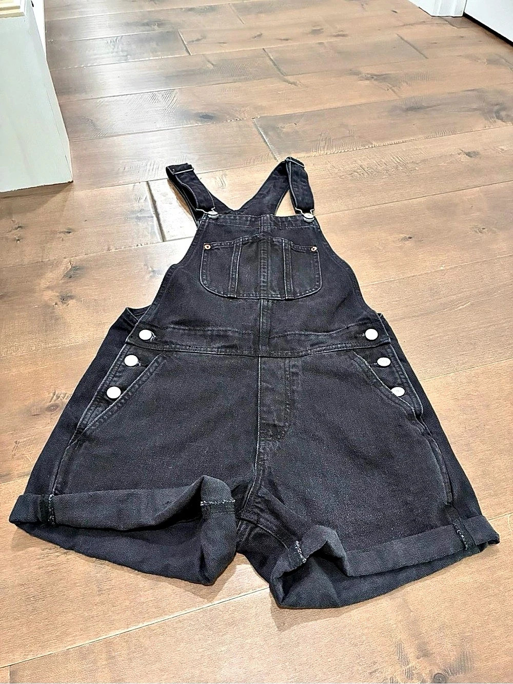 Old Navy Black Denim Short Overalls Like New